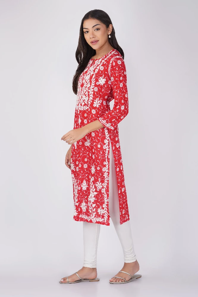 Red Malmal Cotton Chikankari Kurti-2.webp